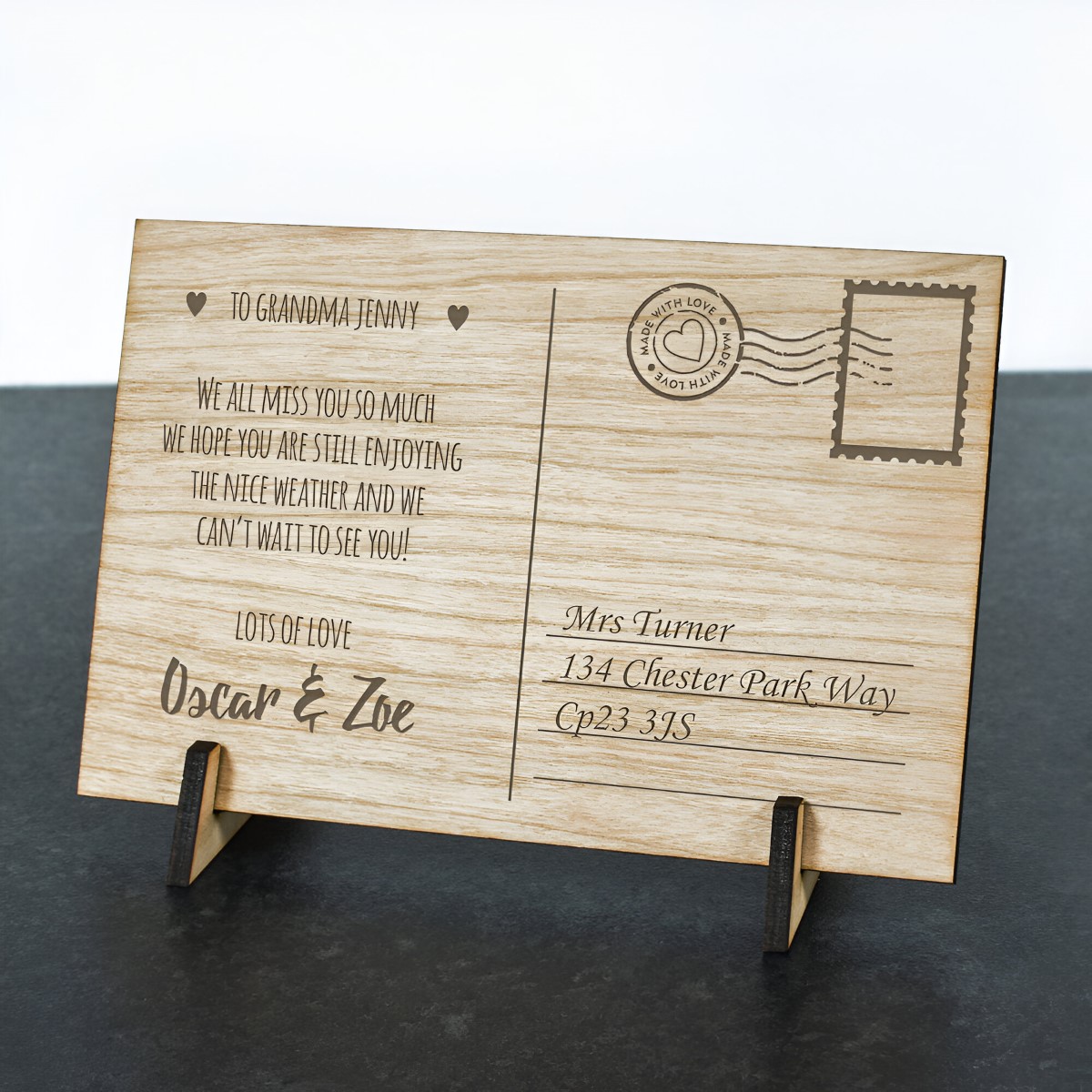 Personalised Wooden Postcard - Made With Love - Click Image to Close