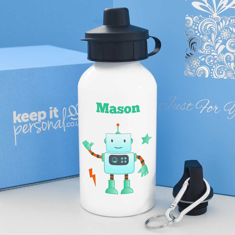 Personalised Robot Water Bottle 400ml Any Name - Click Image to Close