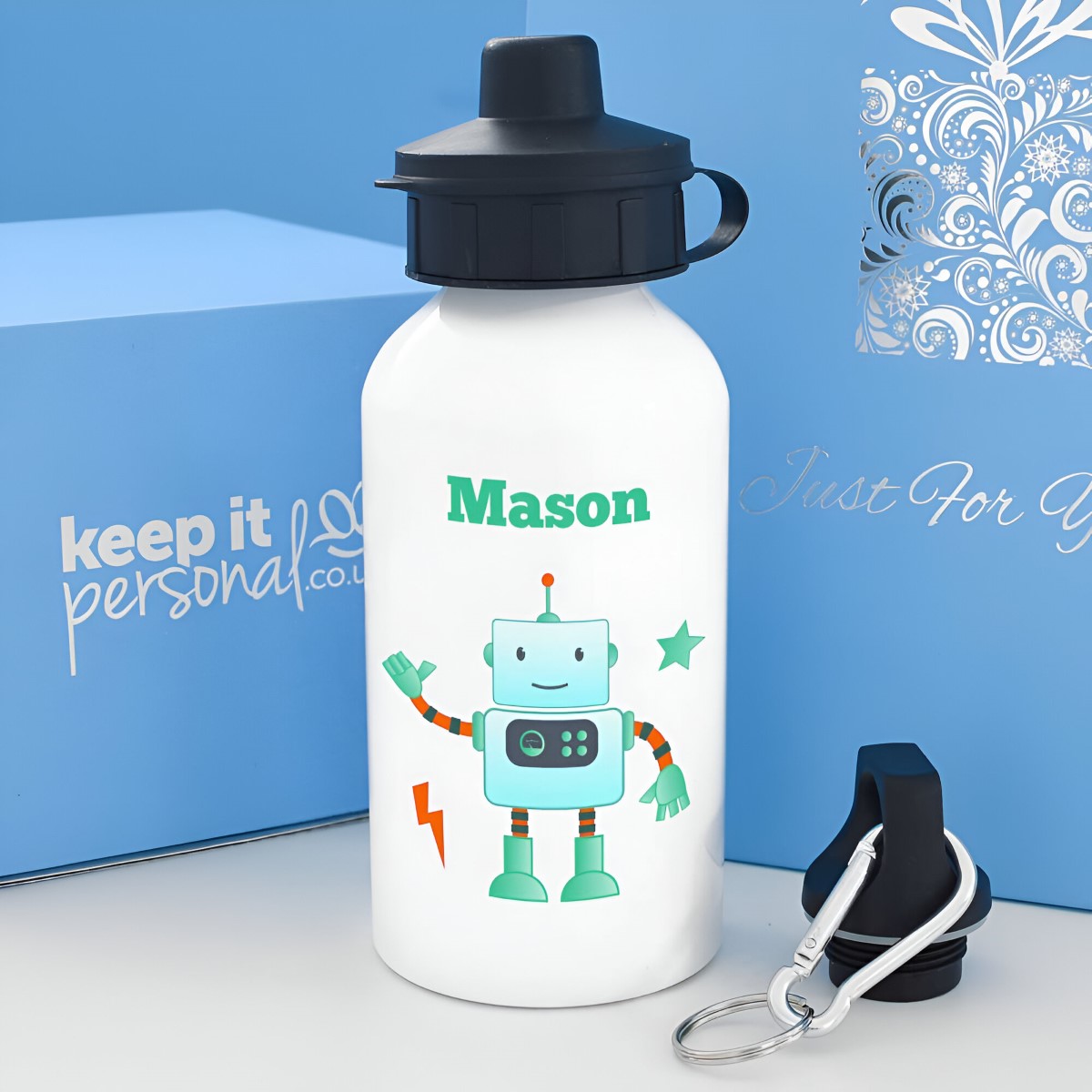 Personalised Robot Water Bottle 400ml Any Name - Click Image to Close