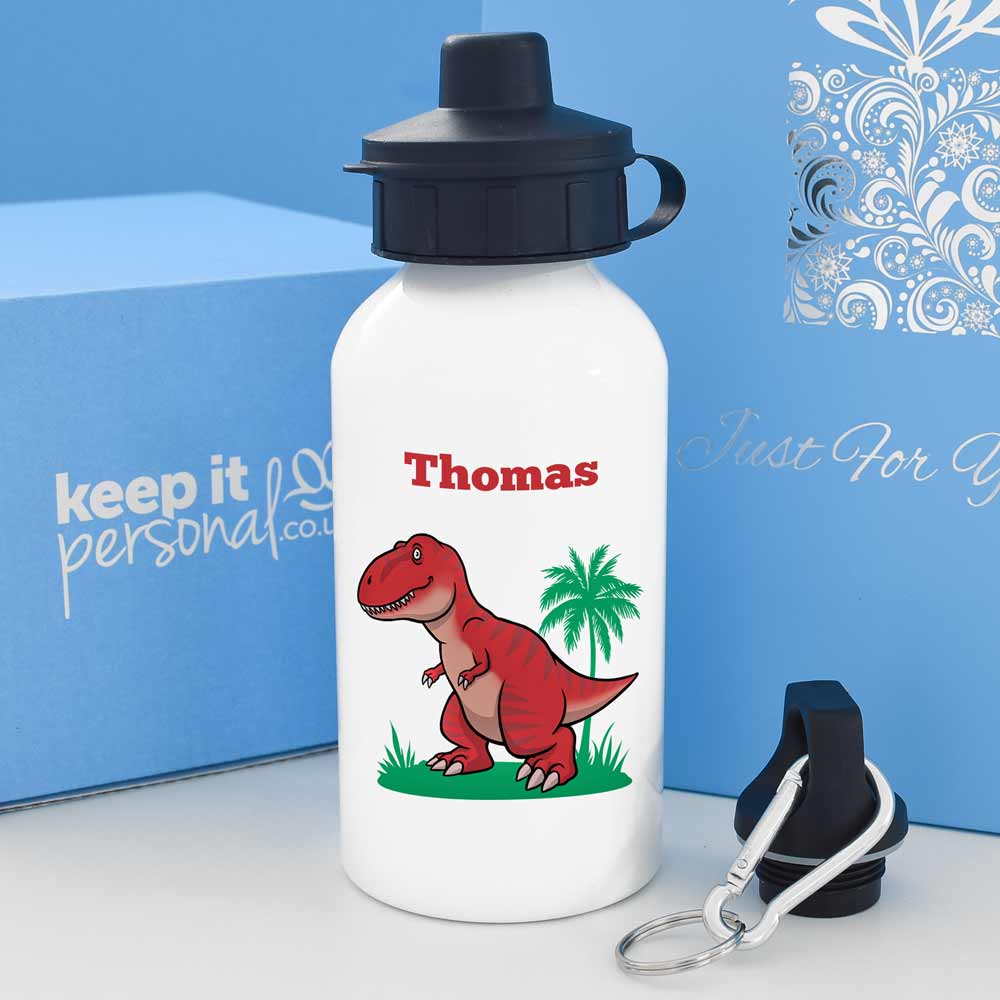 Personalised T-Rex Water Bottle 400ml Any Name - Click Image to Close