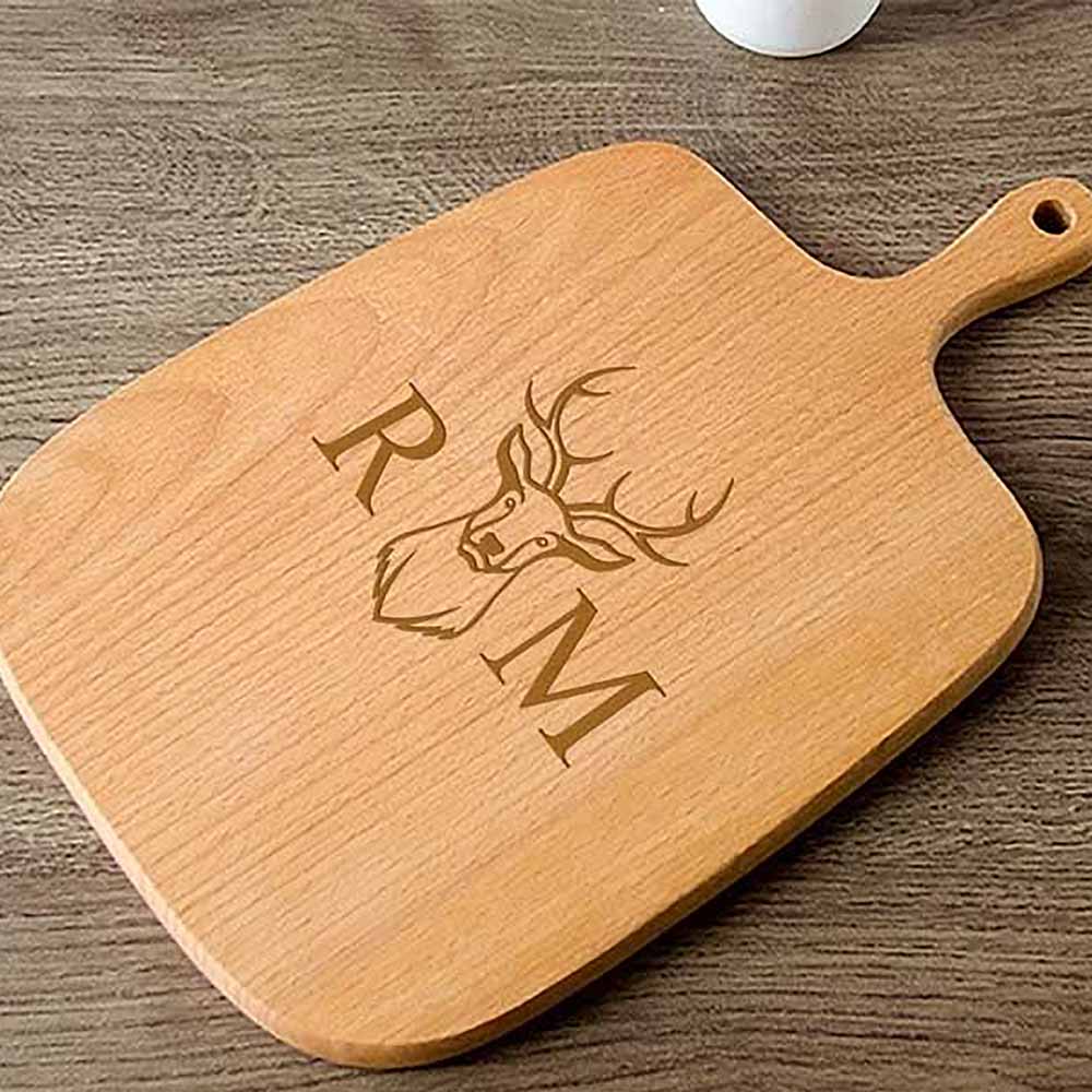 Personalised Handled Chopping Board - Stag and Initials - Click Image to Close