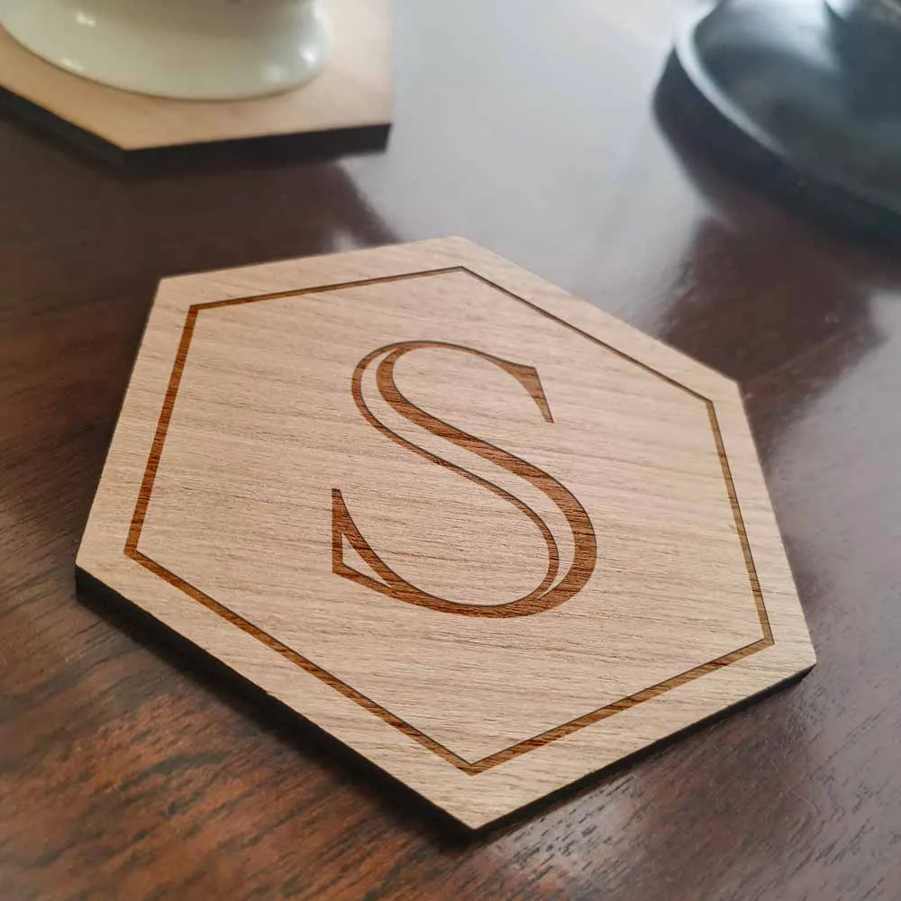 Personalised Hexagon Wooden Coaster Any Initial - Click Image to Close