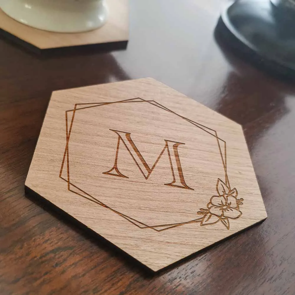 Personalised Hexagon Wooden Coaster Wreath Any Initial - Click Image to Close