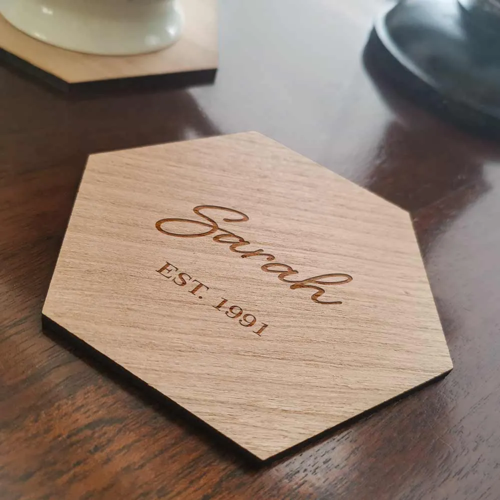 Personalised Hexagon Wooden Coaster Any Name & Message - Click Image to Close