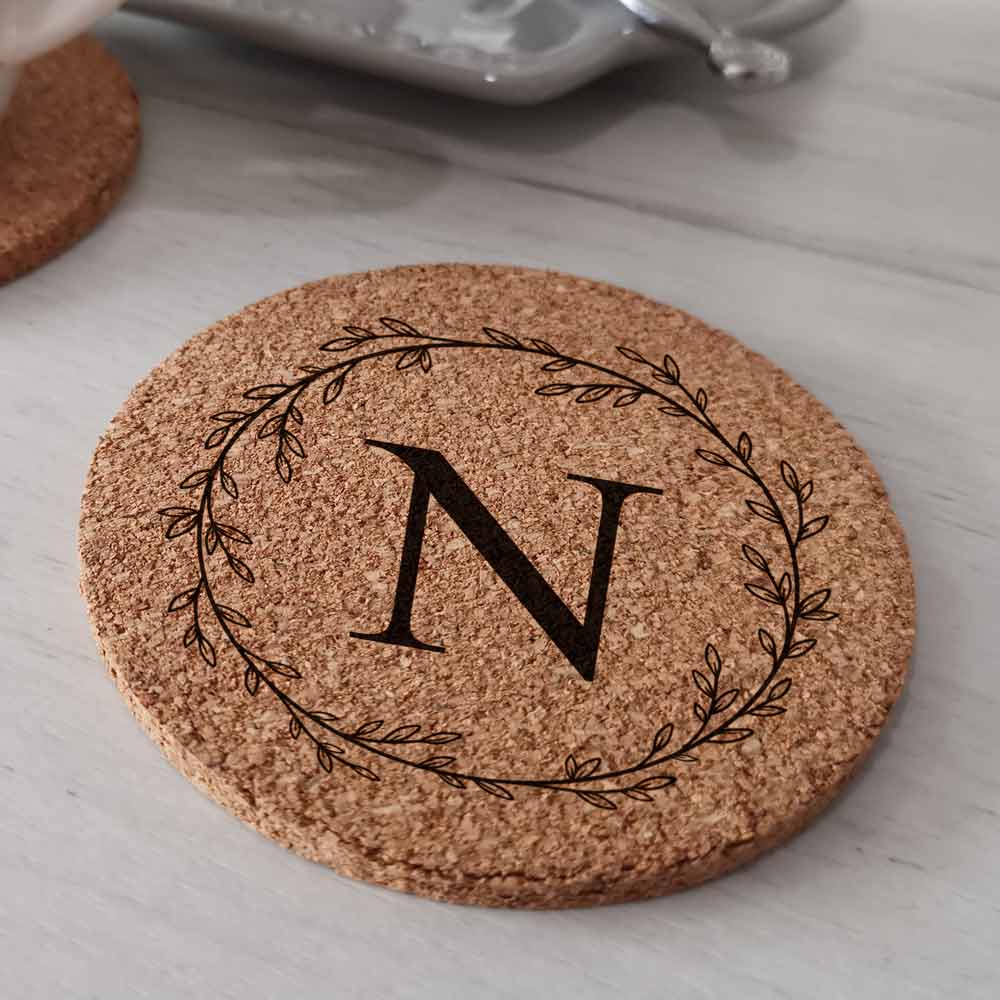 Personalised Wreath Cork Coaster Any Initial - Click Image to Close