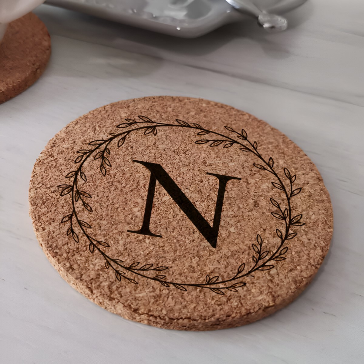 Personalised Wreath Cork Coaster Any Initial - Click Image to Close