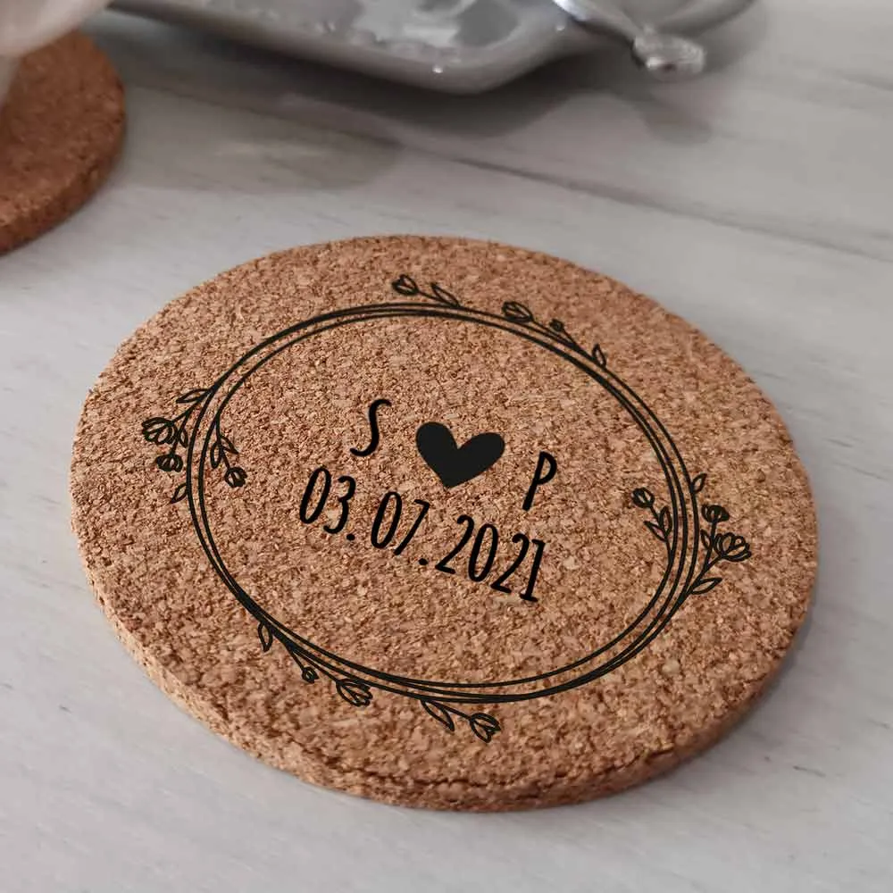 Personalised Wreath Cork Coaster For Couples - Click Image to Close