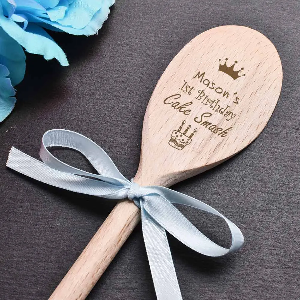 Personalised 1st Birthday Cake Smash Wooden Spoon - Blue Ribbon - Click Image to Close