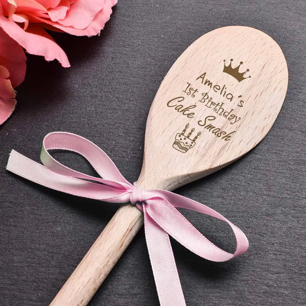 Personalised 1st Birthday Cake Smash Wooden Spoon - Pink Ribbon - Click Image to Close