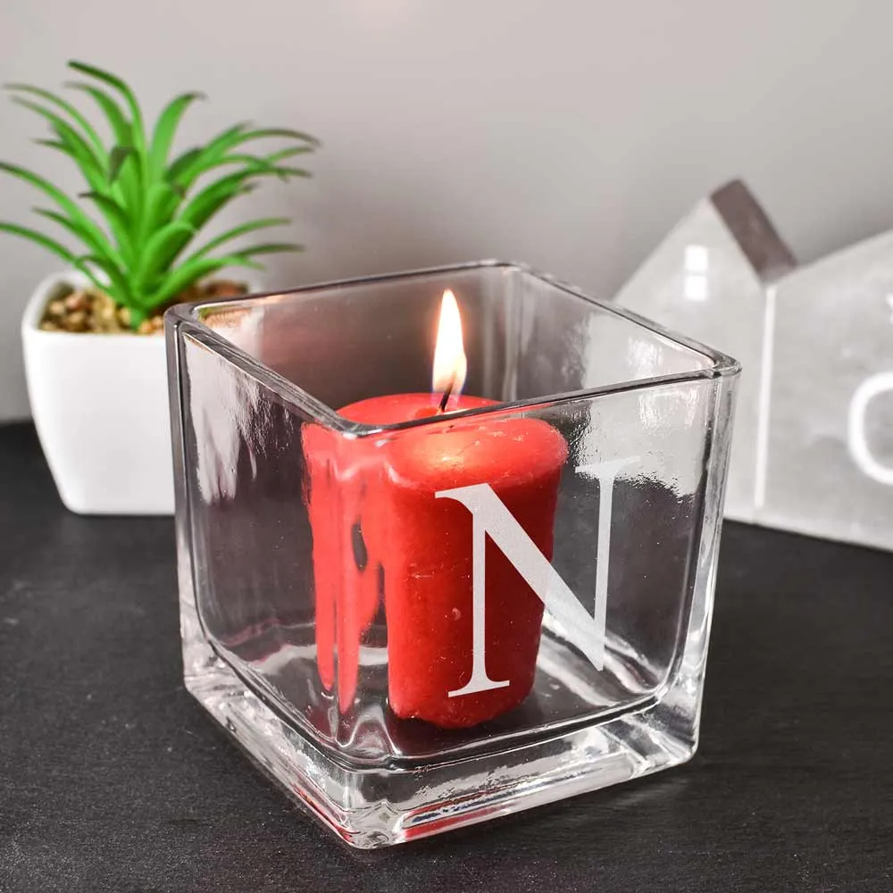 Personalised Square Candle Holder Any Initial Engraved - Click Image to Close