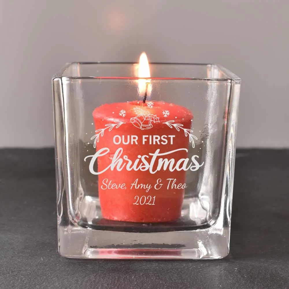 Personalised Our First Christmas Square Candle Holder - Click Image to Close