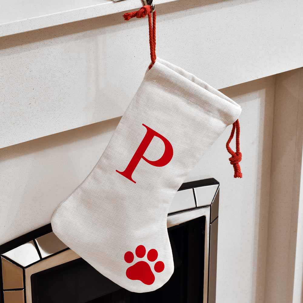 Personalised Christmas Stocking - Pet Paw Any Initial Red - Click Image to Close