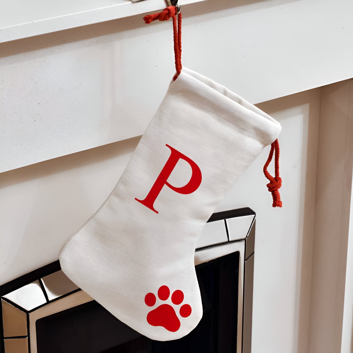 Personalised Christmas Stocking - Pet Paw Any Initial Red - Click Image to Close