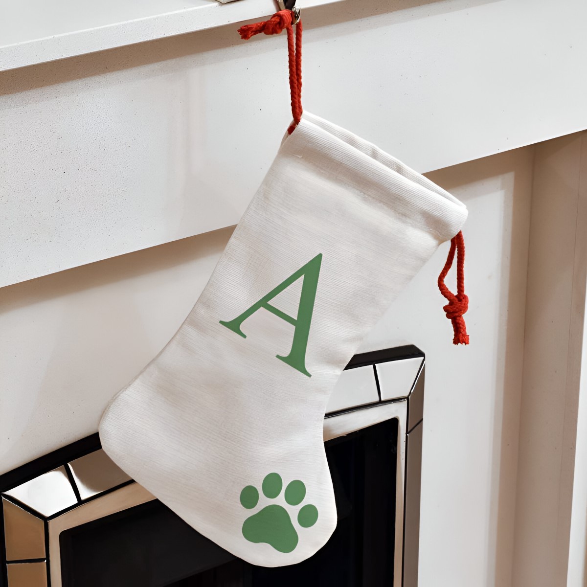 Personalised Christmas Stocking - Pet Paw Any Initial Green - Click Image to Close