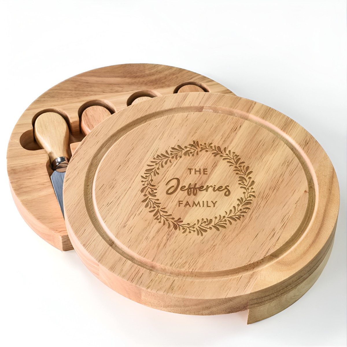 Personalised Round Cheeseboard Set - Wreath Family Name - Click Image to Close