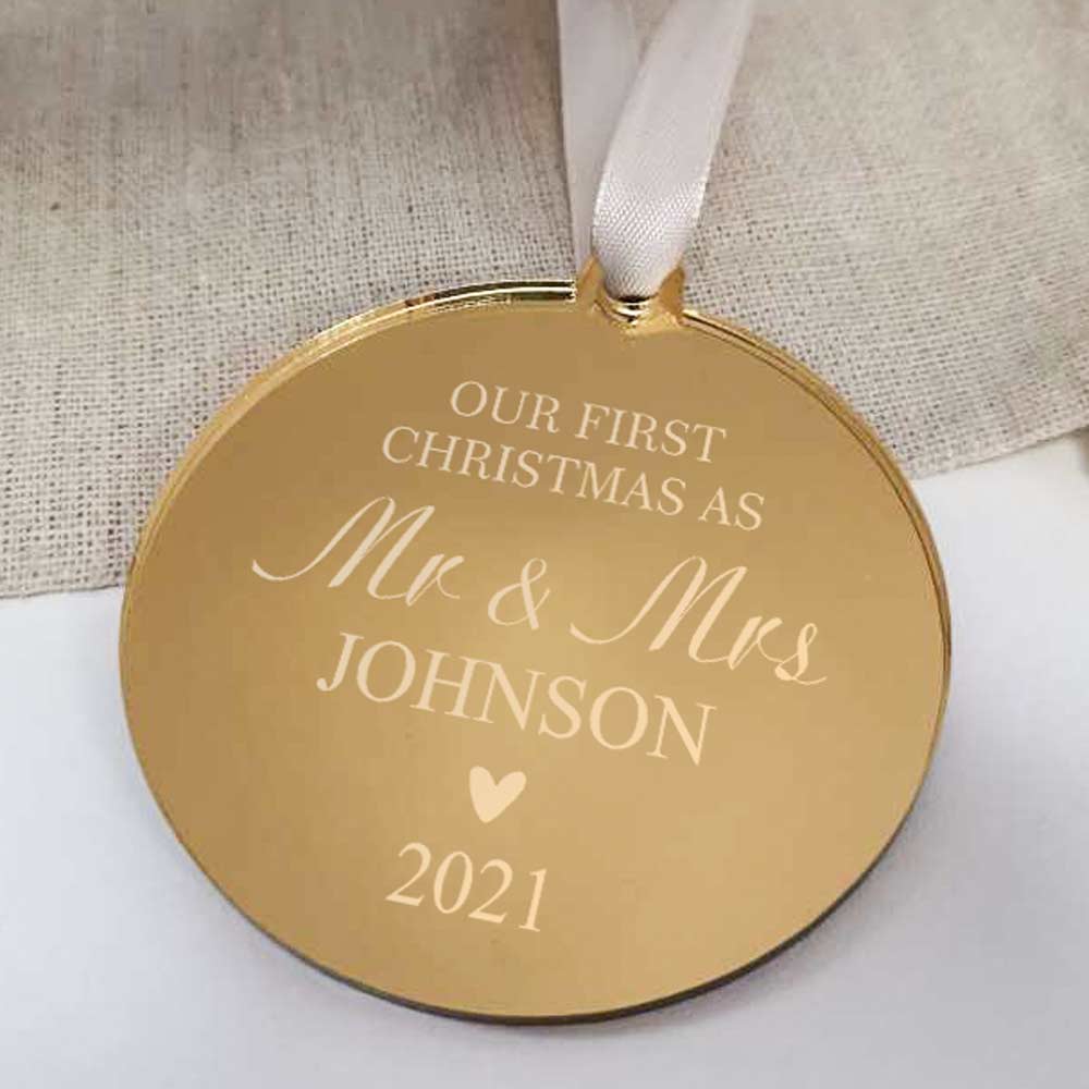 Personalised Our First Christmas Mr & Mrs Gold Mirrored Bauble - Click Image to Close