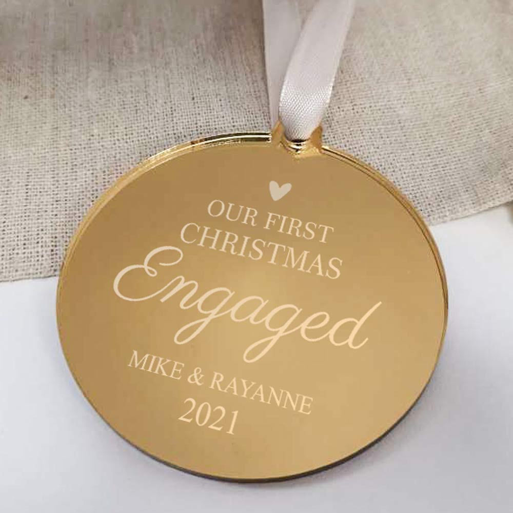 Personalised Our First Christmas Engaged Gold Mirrored Bauble - Click Image to Close