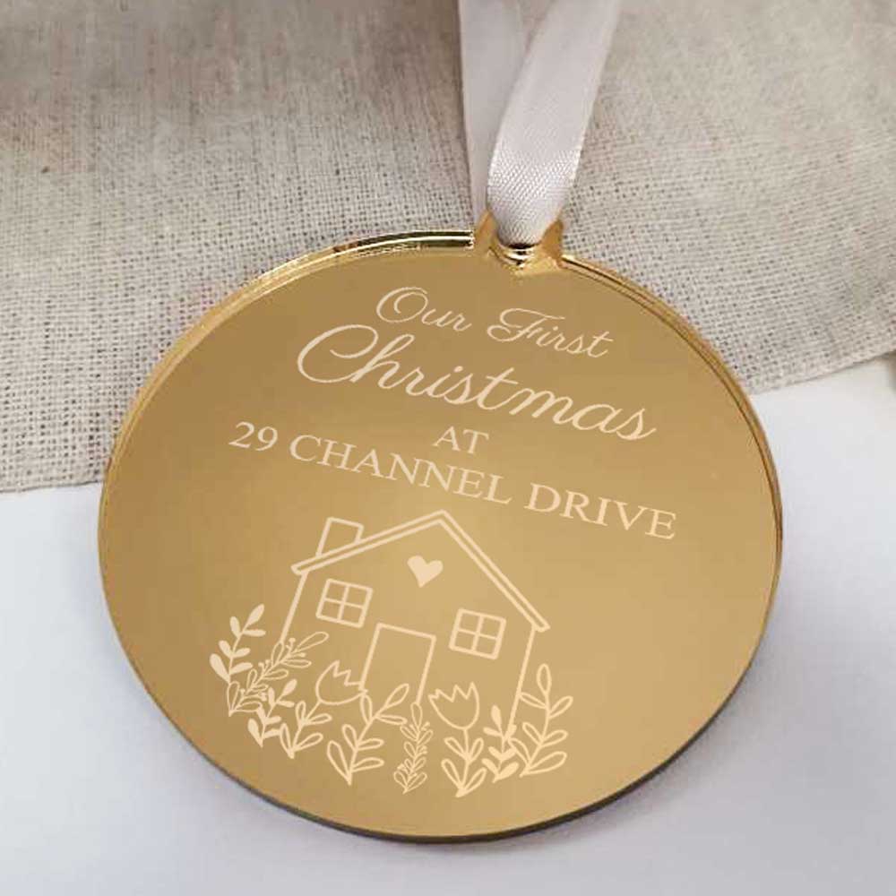 Personalised Our First Christmas New Home Gold Mirrored Bauble - Click Image to Close