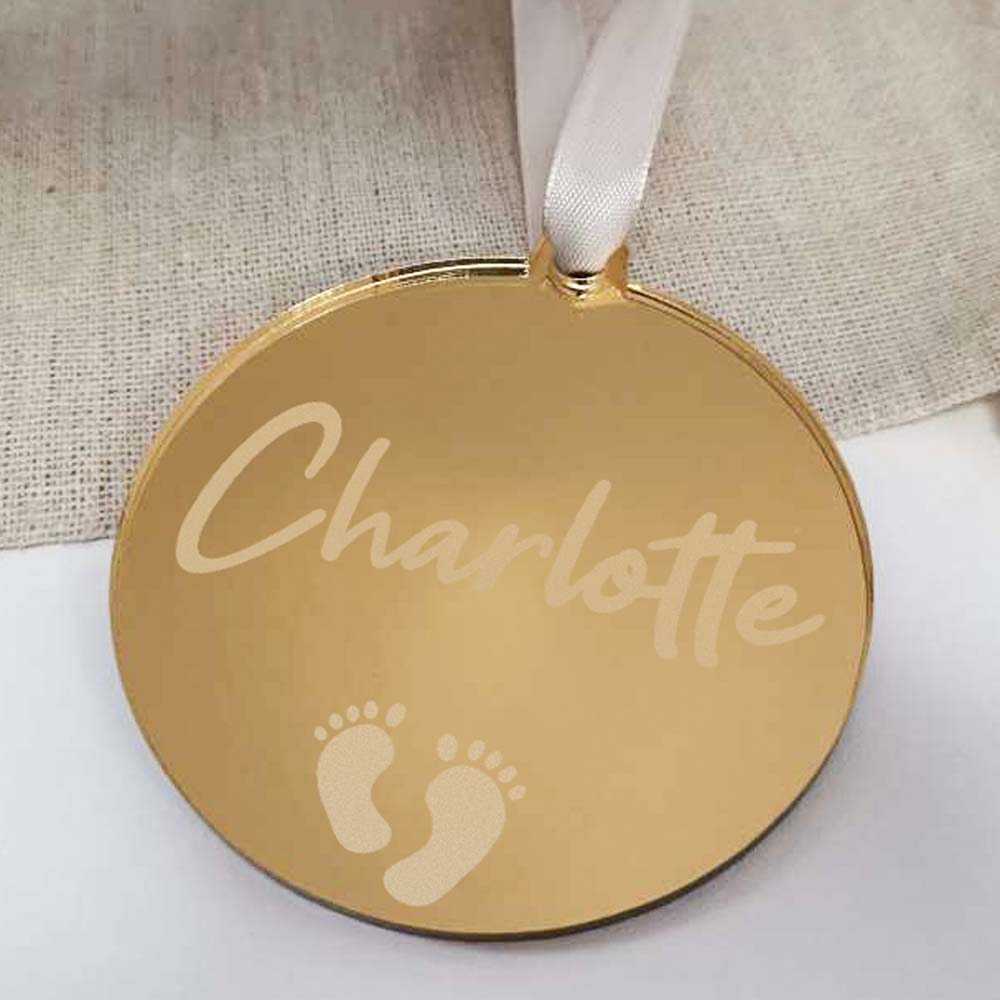 Personalised New Baby Feet Gold Mirrored Christmas Bauble - Click Image to Close