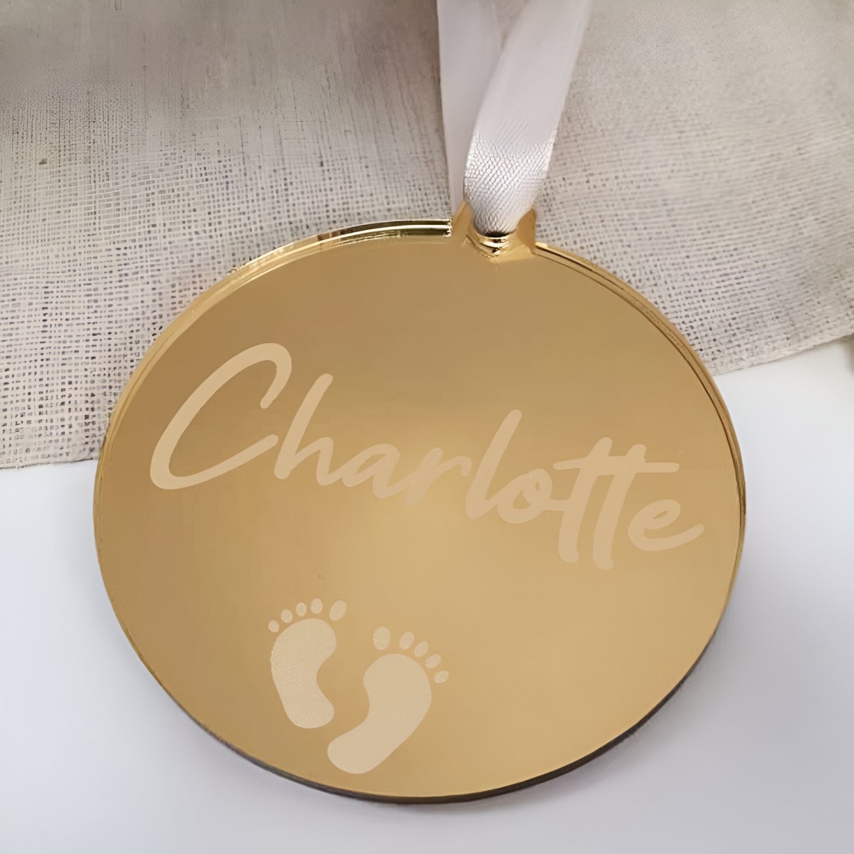 Personalised New Baby Feet Gold Mirrored Christmas Bauble - Click Image to Close