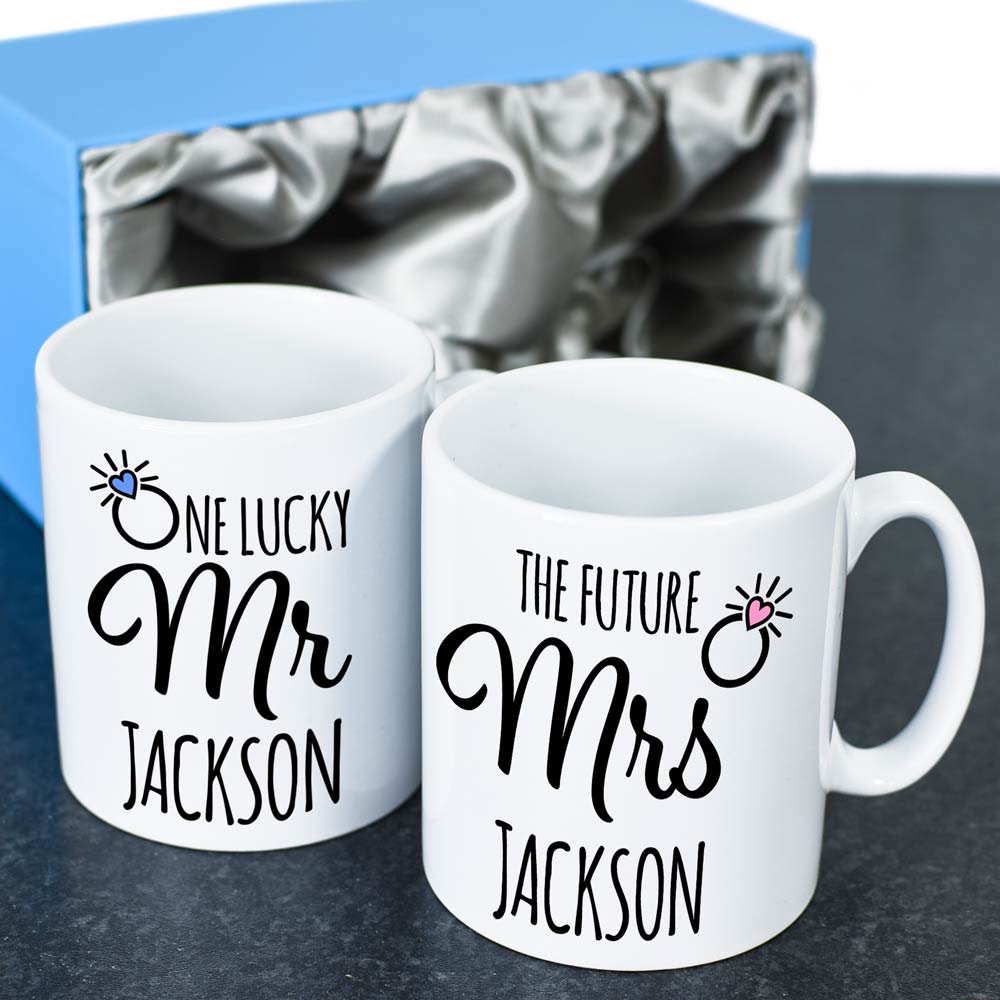 Personalised One Lucky Mr, Future Mrs Mug Set Engagement Gift - Click Image to Close
