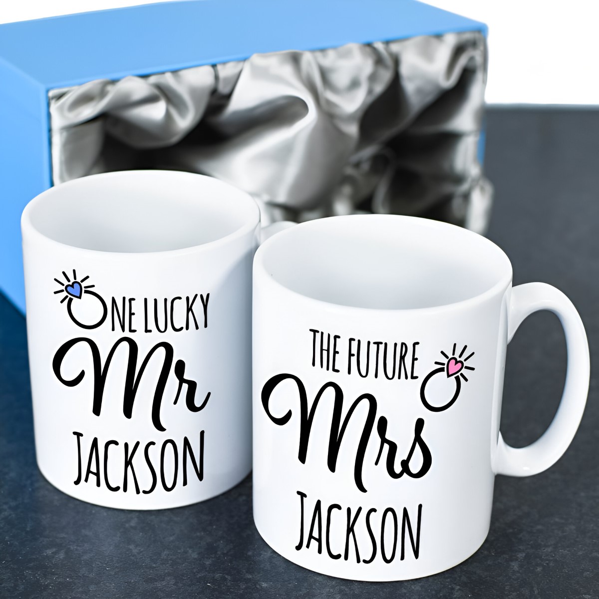 Personalised One Lucky Mr, Future Mrs Mug Set Engagement Gift - Click Image to Close