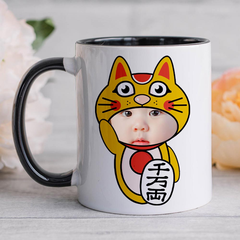 Personalised Chinese Lucky Cat Photo Upload Black Handle Mug - Click Image to Close