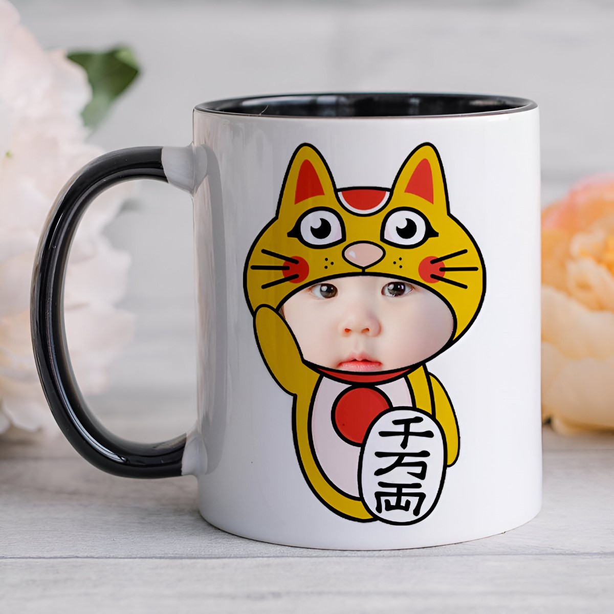 Personalised Chinese Lucky Cat Photo Upload Black Handle Mug - Click Image to Close