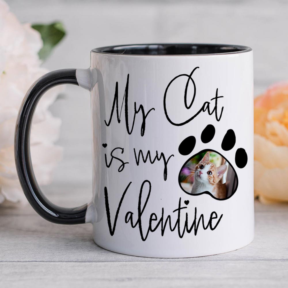 Personalised Photo Upload My Cat Is My Valentine Black Mug - Click Image to Close
