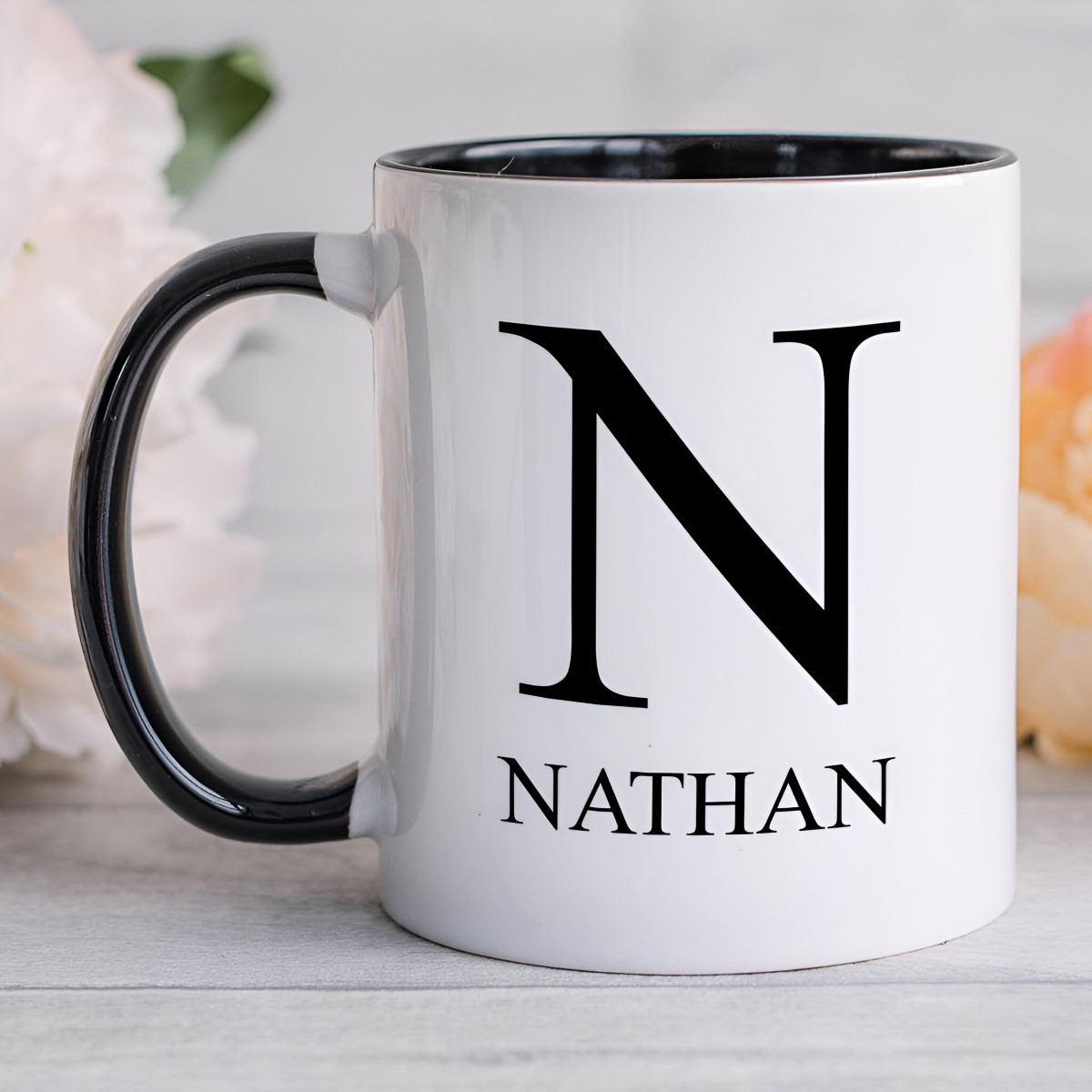 Personalised Initial And Name Black Handled Mug - Click Image to Close