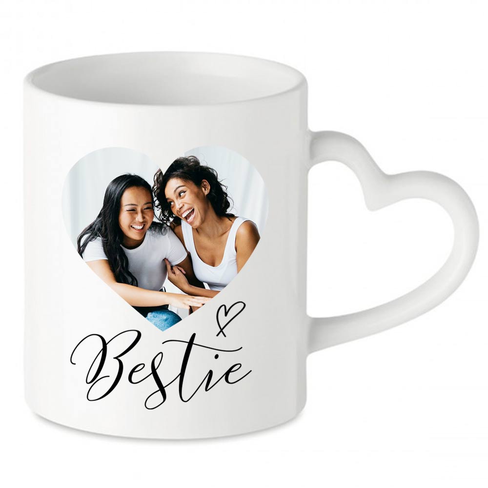 Personalised Heart Photo Script Bestie Heart Handled Mug - Click Image to Close
