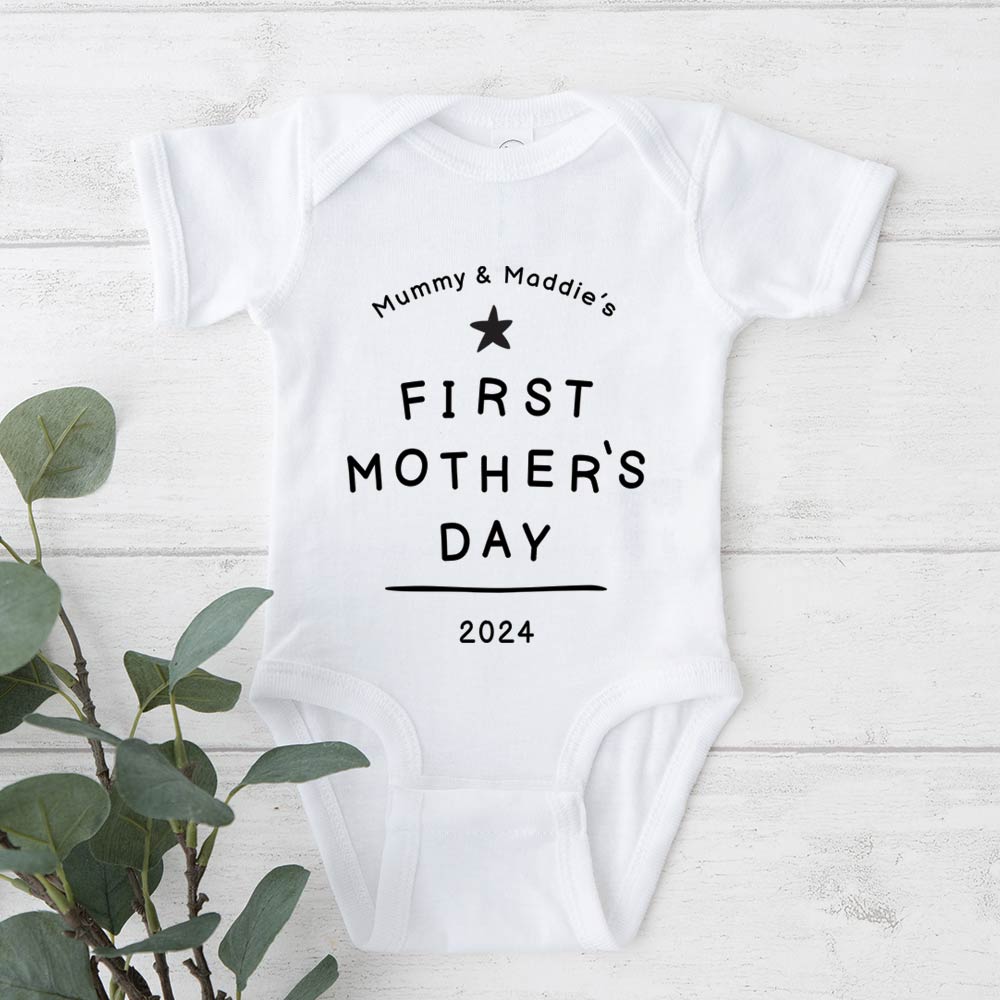 Personalised Black and White First Mother's Day Baby Grow - Click Image to Close