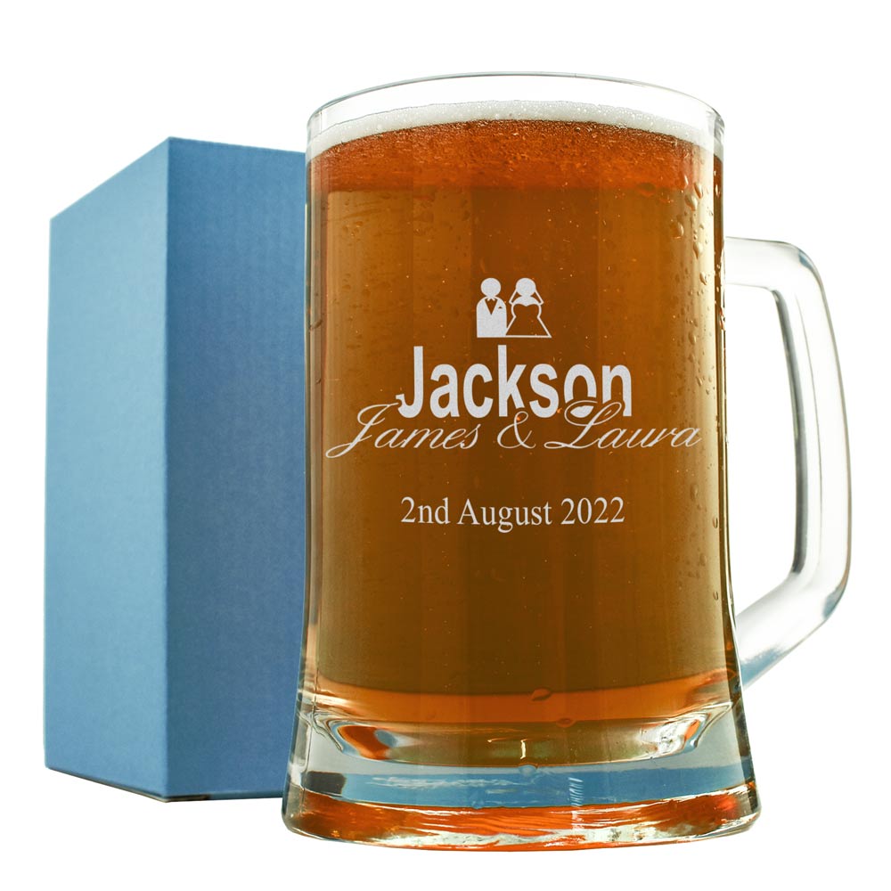Engraved Wedding Glass Tankard - Click Image to Close