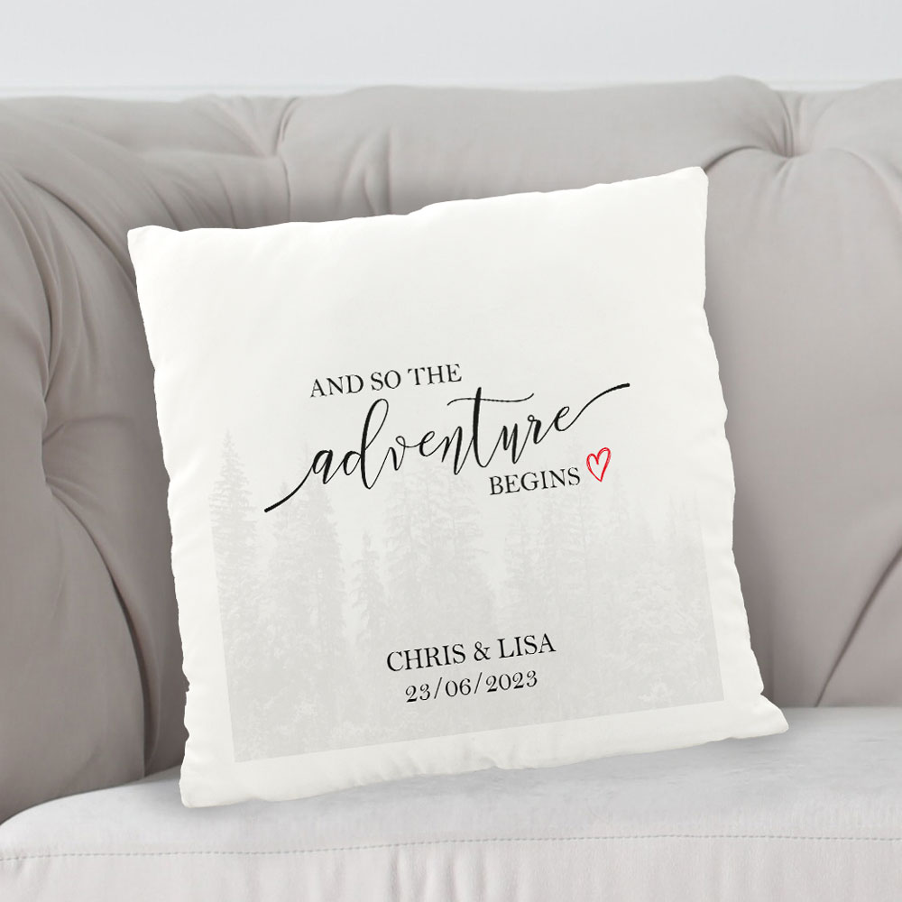 Personalised Cushion - And So The Adventure Begins - Click Image to Close