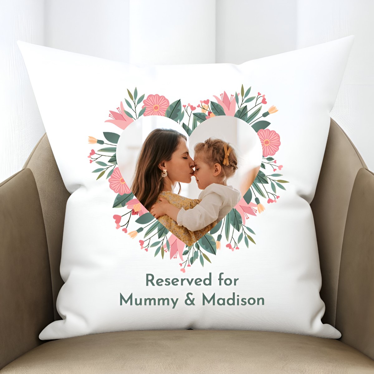 Photo Upload Mother's Day Floral Heart Cushion - Click Image to Close