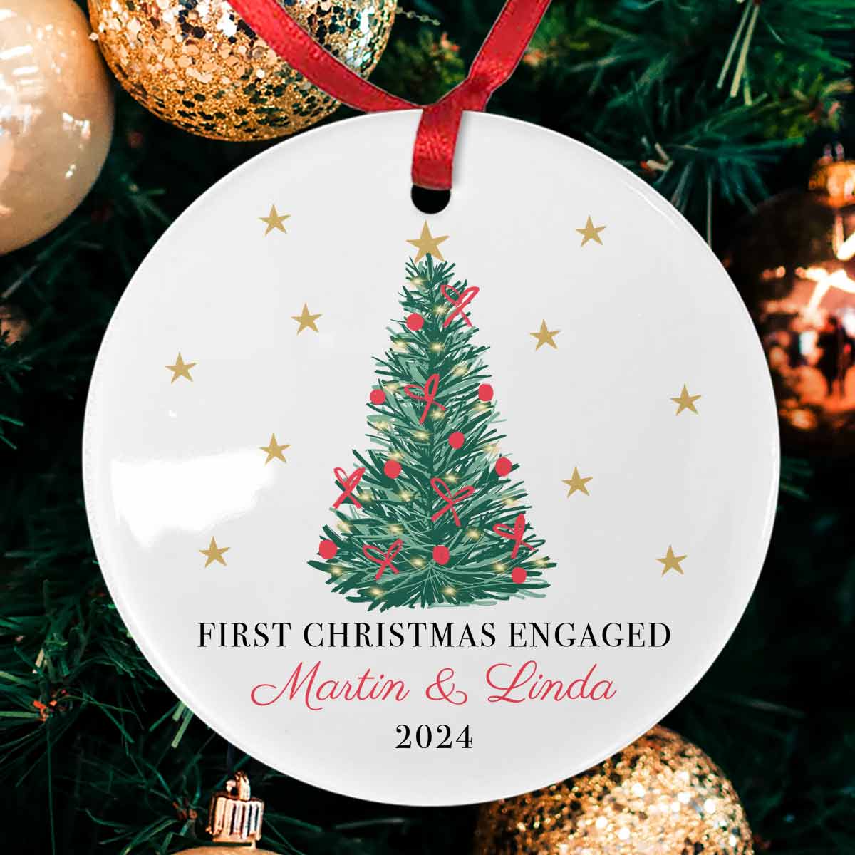Personalised First Christmas Engaged Ceramic Bauble - Click Image to Close