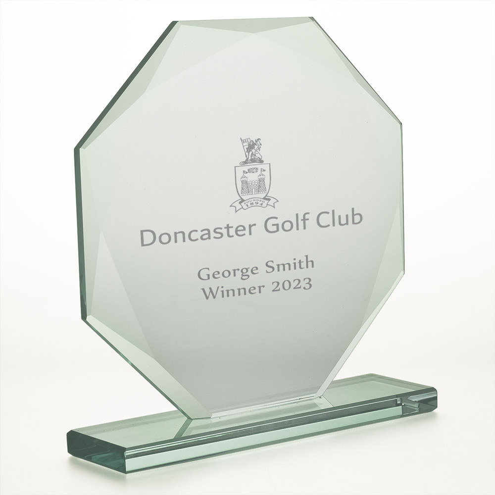 Logo Engraved Octagonal Heavyweight Glass Trophy Award 18cm - Click Image to Close