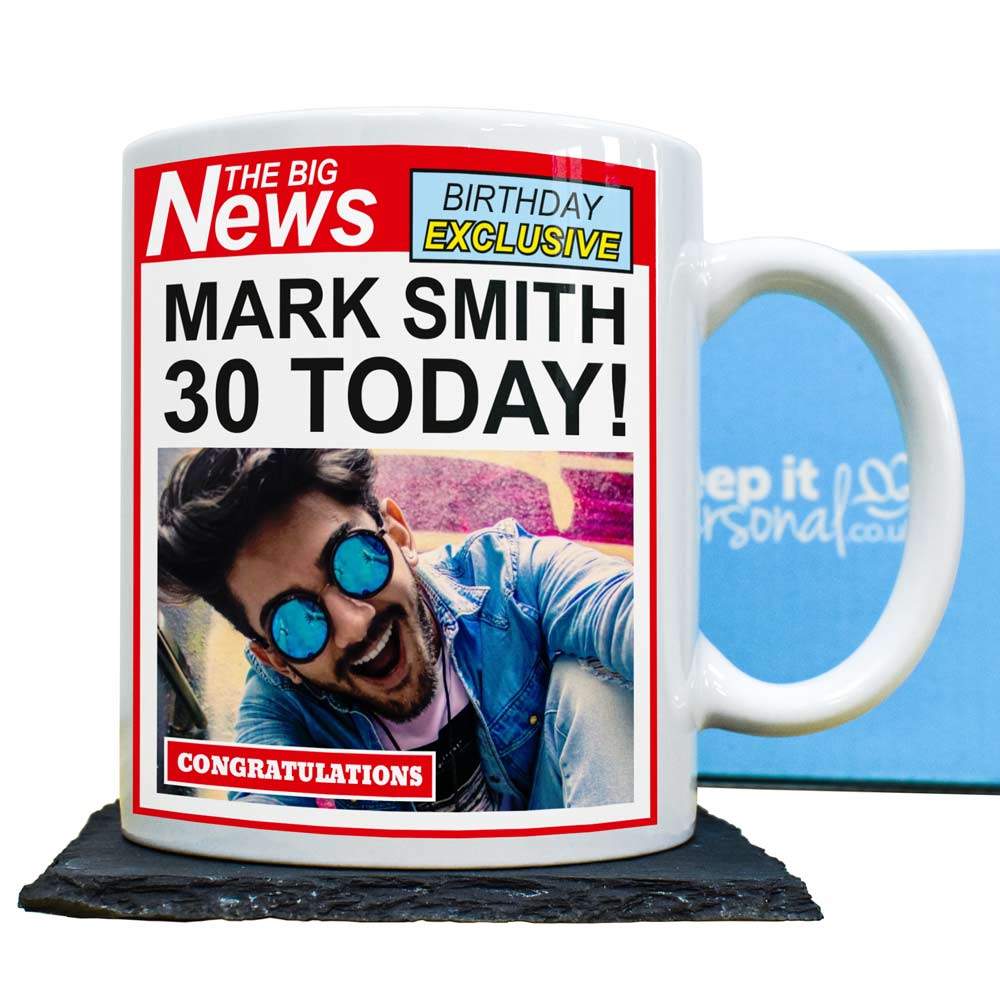 Personalised Birthday Mug Newspaper Headline Any Age - Click Image to Close