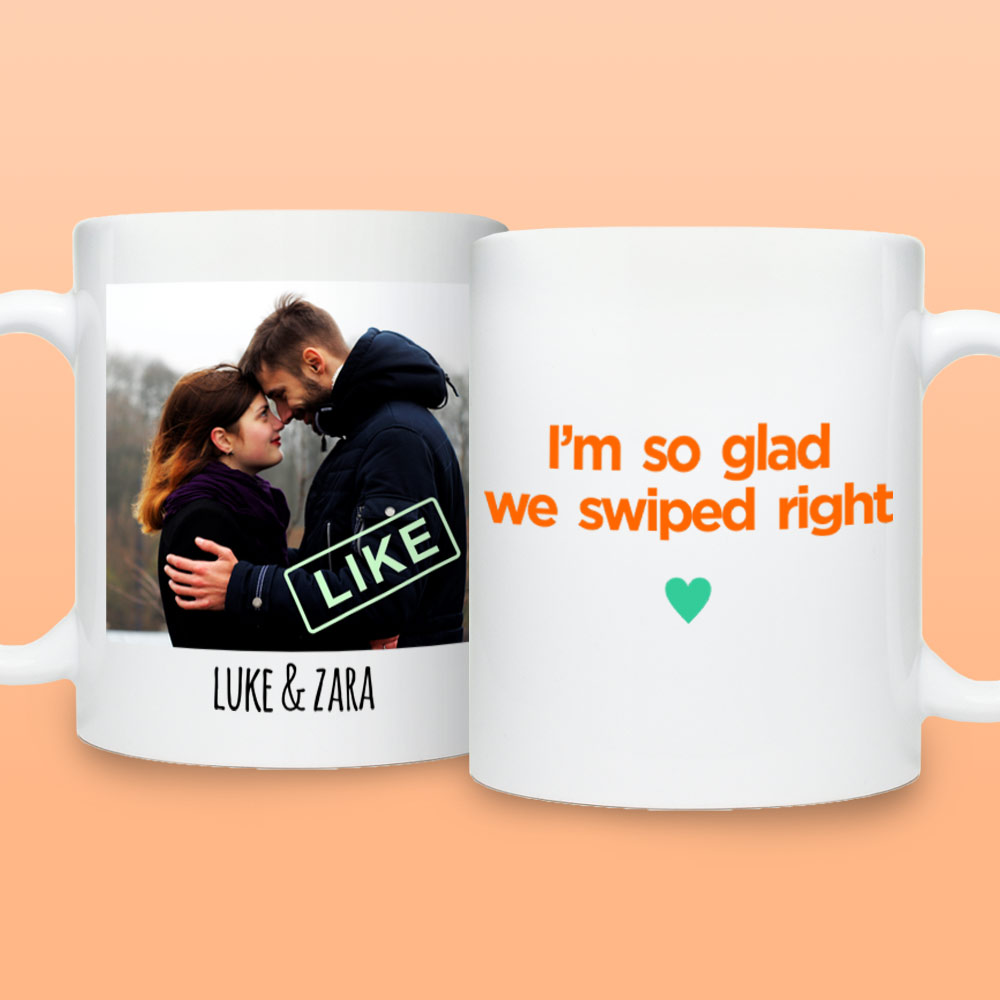 Personalised Photo Mug - Glad I Swiped Right Funny Gift For Couples - Click Image to Close