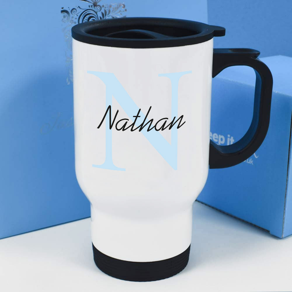 Personalised 14oz Travel Mug Any Name And Initial Choose Colour - Click Image to Close