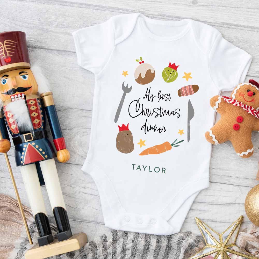 Personalised First Christmas Dinner Baby Grow - Click Image to Close