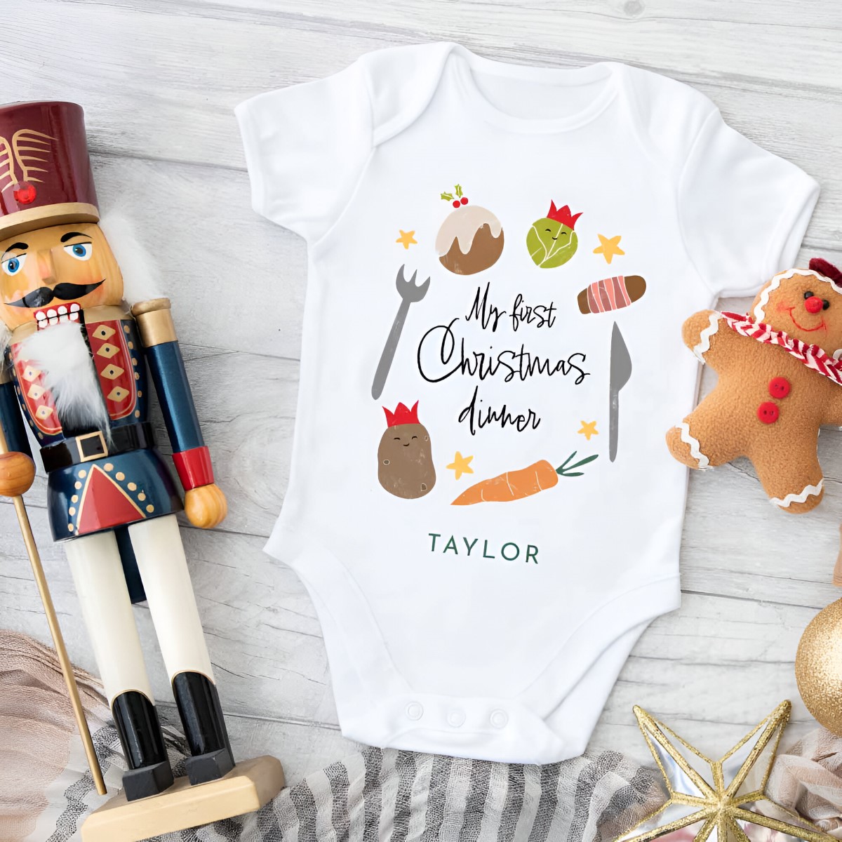 Personalised First Christmas Dinner Baby Grow - Click Image to Close