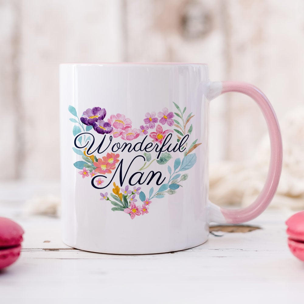 Personalised Wonderful Nan Watercolour Flower Pink Mug - Click Image to Close