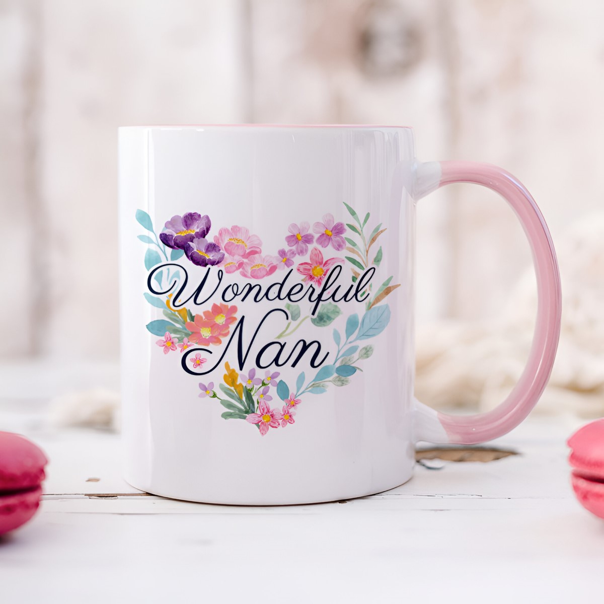 Personalised Wonderful Nan Watercolour Flower Pink Mug - Click Image to Close