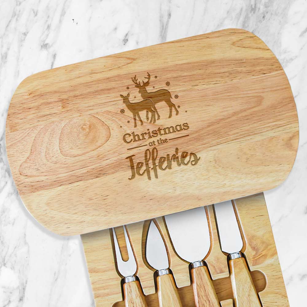 Personalised Christmas Family Reindeers Rectangular Cheese Board Set - Click Image to Close