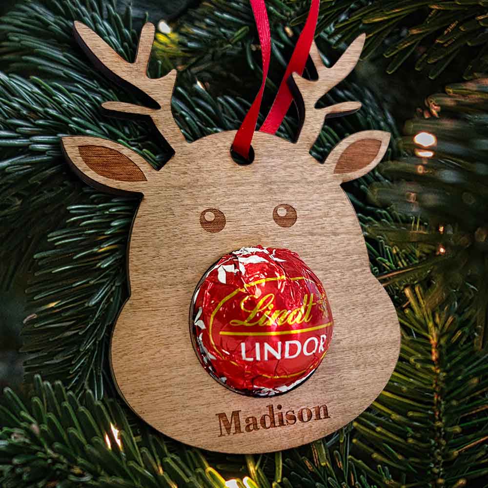 Personalised Reindeer Chocolate Wooden Hanging Decoration - Click Image to Close