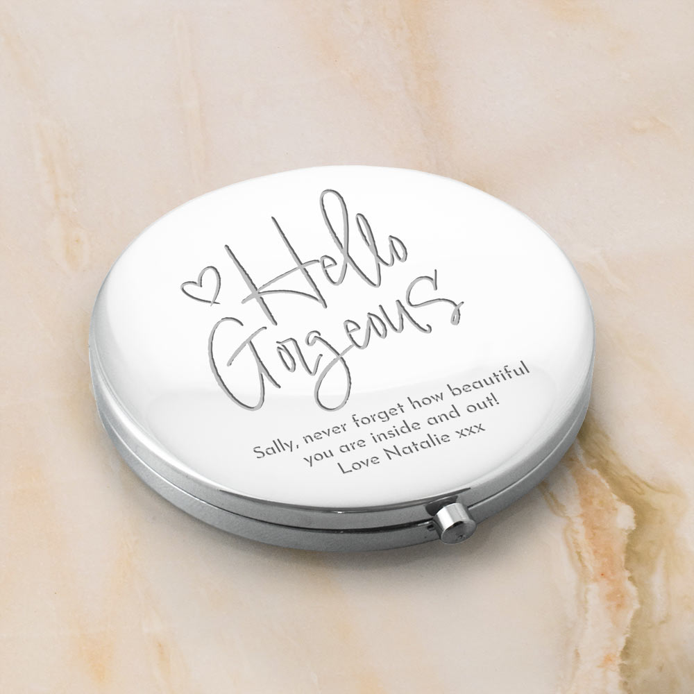 Personalised Hello Gorgeous Silver Compact Mirror - Click Image to Close