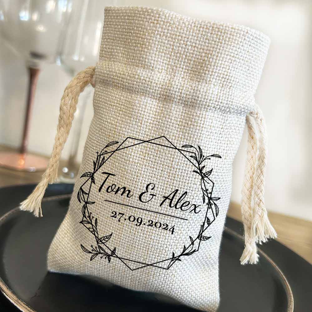 Personalised Floral Hexagon Wedding Favour Drawstring Pouch - Click Image to Close