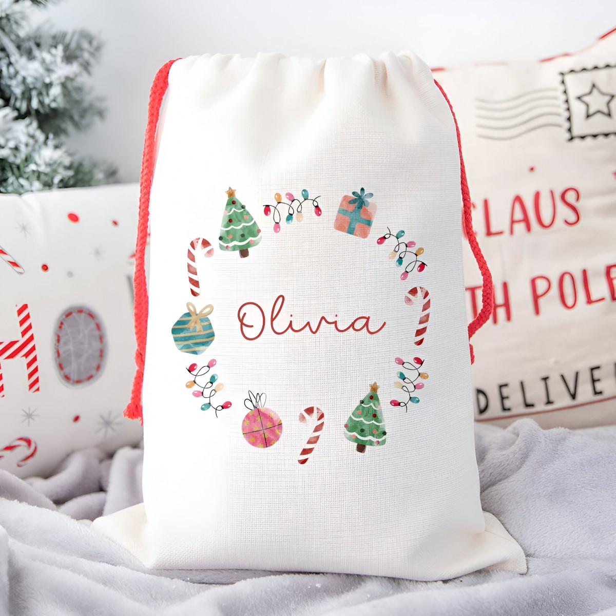 Personalised Christmas Wreath Any Name Santa Sack - Click Image to Close