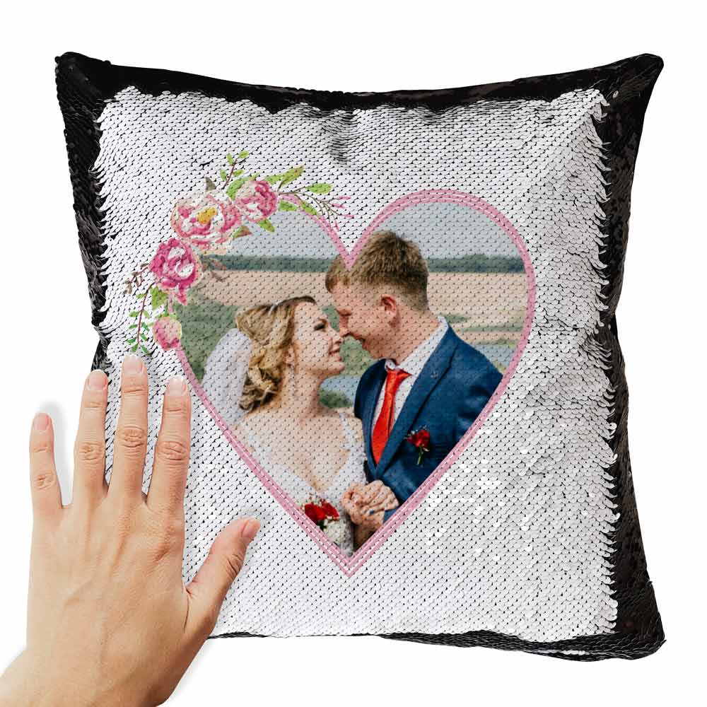 Personalised Love Heart Magic Sequin Cushion Photo Upload - Click Image to Close